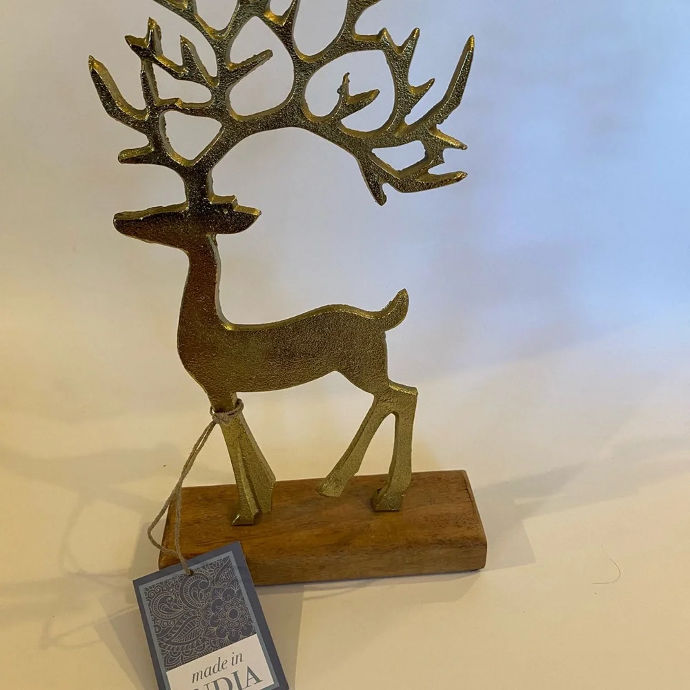 Gold Metal Reindeer Figurine on Wood Base Antique Brass-Tone Stag Statue
